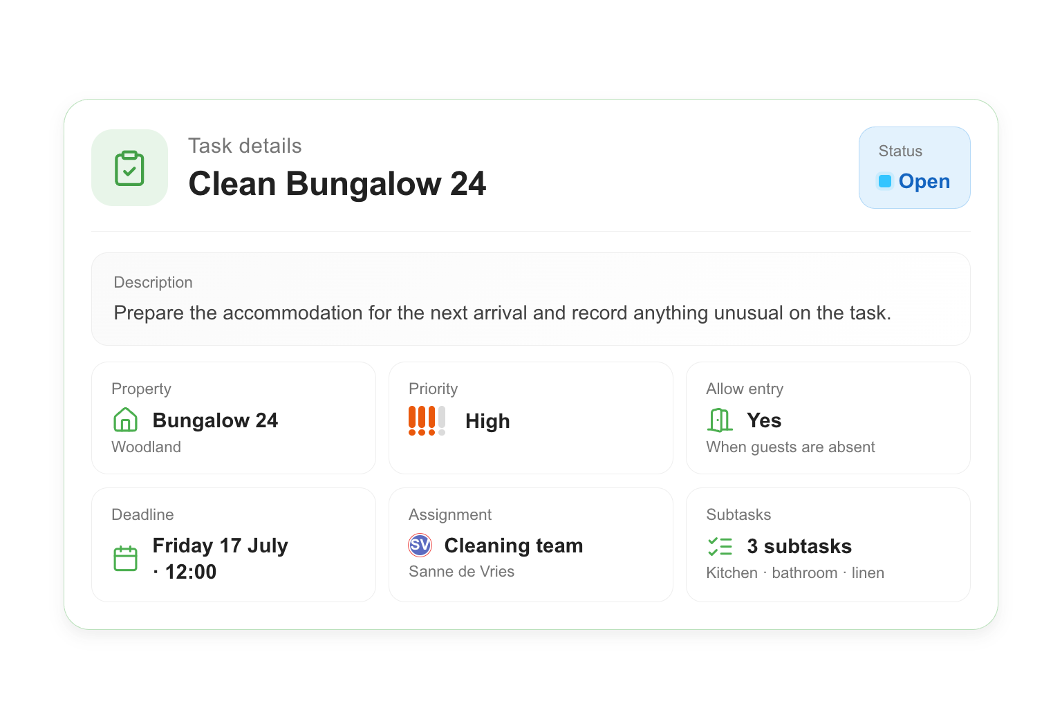 Task details for Bungalow 24 with property, priority, entry permission, deadline, status, assignment and subtasks, alongside reservation and recurring-work automation.