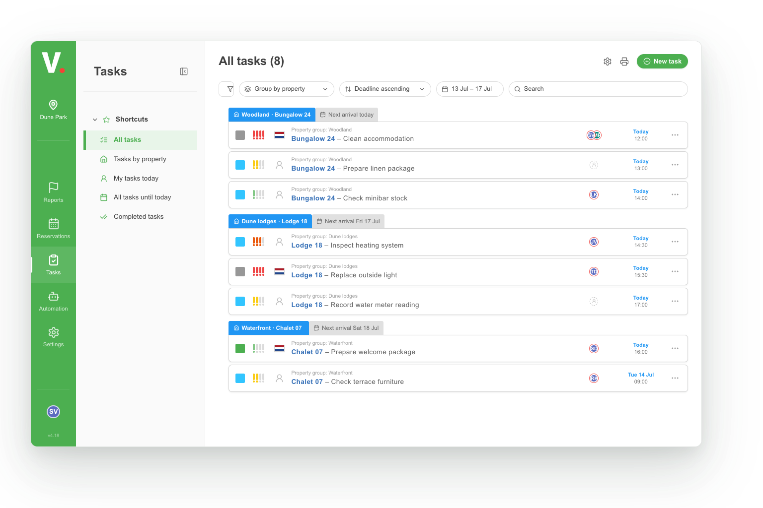 Verbleif task overview with tasks per property, status, priority, deadline and assigned teams.