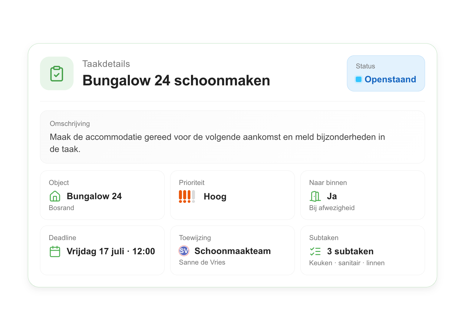 Taakdetails voor Bungalow 24 met object, prioriteit, toegang, deadline, status, toewijzing en subtaken, naast automatisering uit een reservering en terugkerend werk.